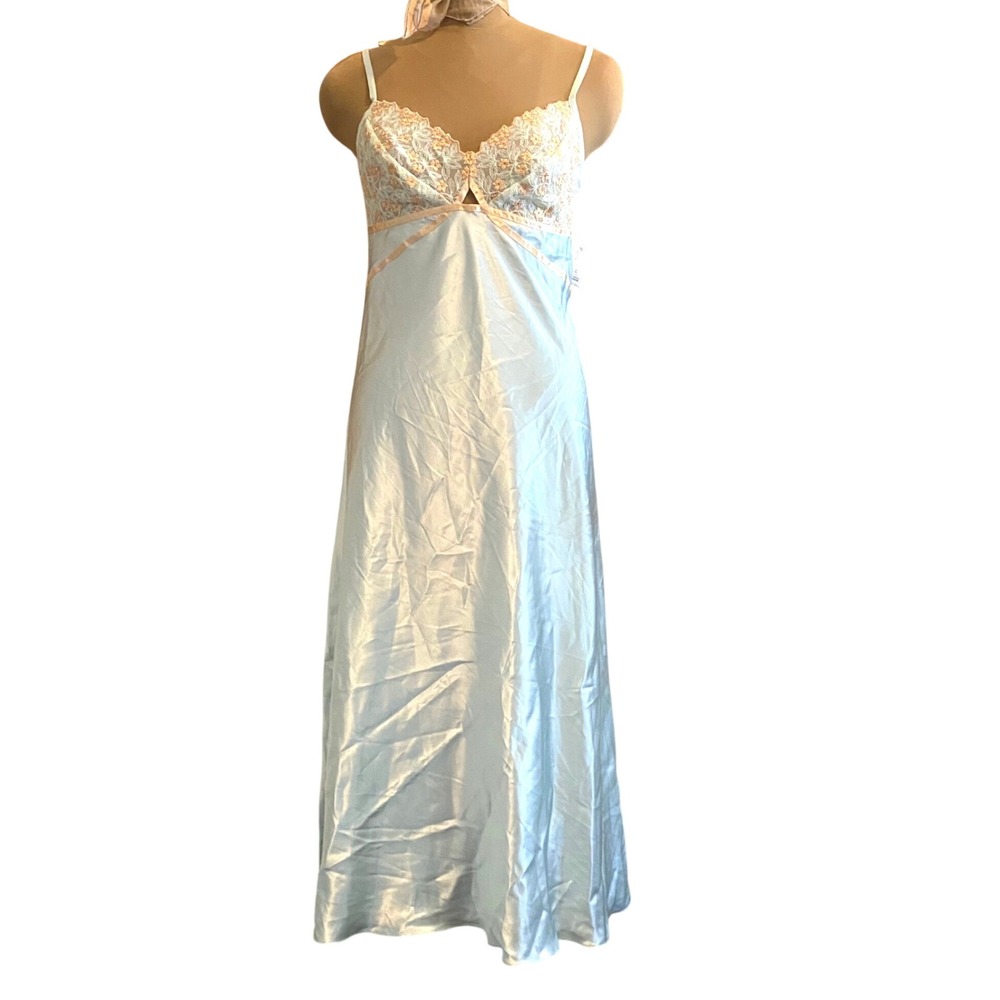 New Intimates by Flora Nightgown Coquette Regency Core Women Lace Satin M Aqua